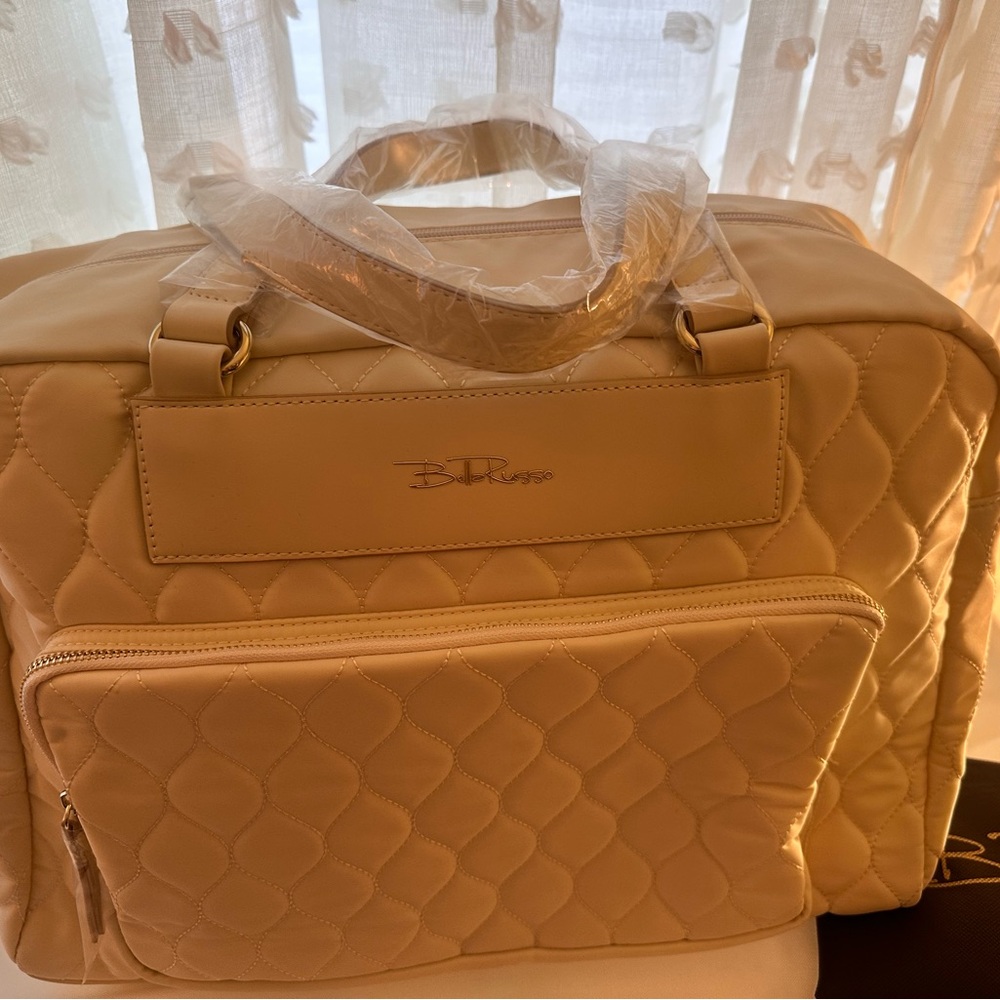 Tan Quilted Laptop Bag with Gold Accents